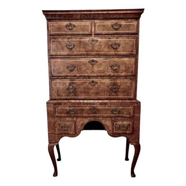 19th Century English Burled Walnut Highboy Chest on Stand For Sale