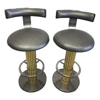 Vintage 1980s Designs for Leisure Ltd. Bar Stools - Postmodern Brass & Chrome Swivel Stools - Pair For Sale