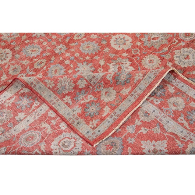Modern Red Indian Wool Rug Handmade With Allover Floral Motif For Sale In New York - Image 6 of 7