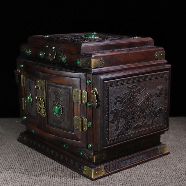 1970s Wood Jewelry Box With Dragon & Phoenix Carving and Gemstone Inlay For Sale - Image 10 of 10