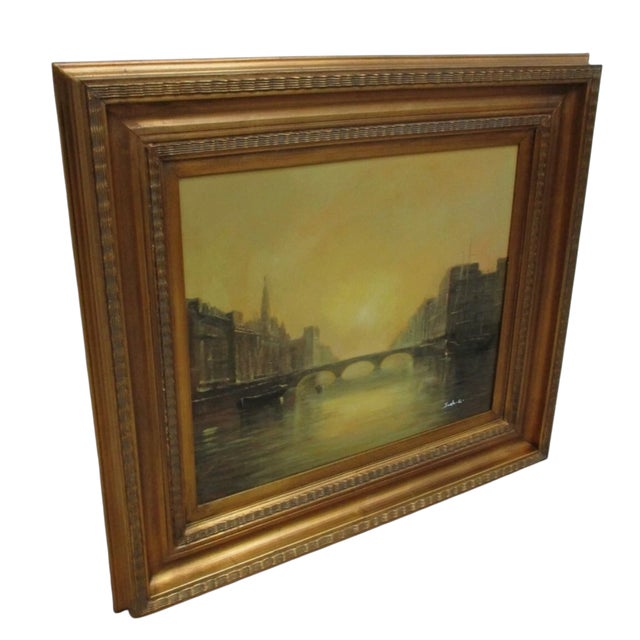 Art Deco 1980s Gold Gilt Carved Venice Water Way Bridge Framed Oil Painting For Sale - Image 3 of 9
