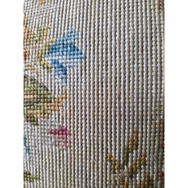 Blue Antique French Louis XV Vanity Bench Ottoman With Floral Needlepoint For Sale - Image 8 of 13