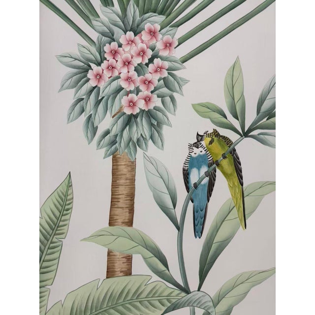 Chinoiserie Chinoiserie Tropical Hand-Painted Wallpaper Panels, Soft Grey-Green Background With Exotic Floral, Bird & Monkey Mural, Set of 6 For Sale - Image 3 of 7