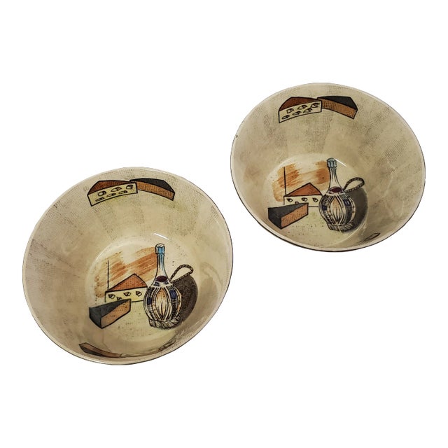 Mid-Century Cocktail Nibbles Bowls with Wine & Cheese Motif- a Pair For Sale