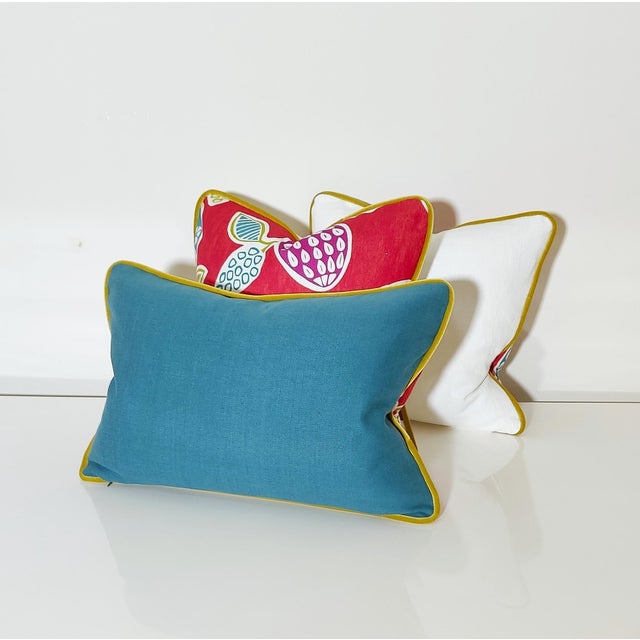 Vibrant Cottagecore Charm: Hana Chess in Ruby + Romo Miro in Beijing Blue + Down-Feather Filled Pillows = a Set of 4 For Sale - Image 14 of 17