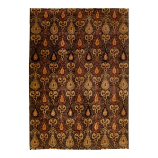 Brown Modern Ikat Handmade Geometric Pattern Designed Wool Rug For Sale