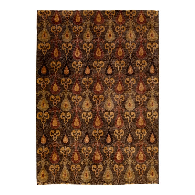 Brown Modern Ikat Handmade Geometric Pattern Designed Wool Rug For Sale