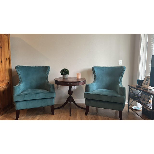 Textile Pair of Teal Velvet Wingback Accent Chairs With Nailhead Trim For Sale - Image 7 of 7