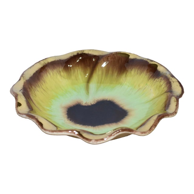 1960s Bay Keramik West German Pansy Flower Yellow Green & Gold Glaze Ceramic Bowl For Sale