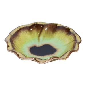 1960s Bay Keramik West German Pansy Flower Yellow Green & Gold Glaze Ceramic Bowl