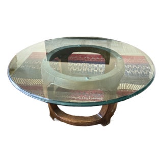 VTG Thomasville Walnut Asian Round Glass Top Coffee Cocktail Table For Sale