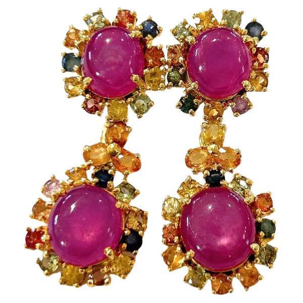 Ruby Red Bochic "Orient" Vintage Ruby & Multi Sapphire Earrings Set In 18K Gold & Silver For Sale - Image 8 of 18