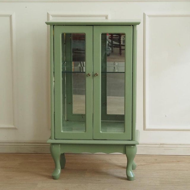 Small display cabinet refinished in pastel green with glass doors, a built-in glass shelf, and a mirrored interior back...