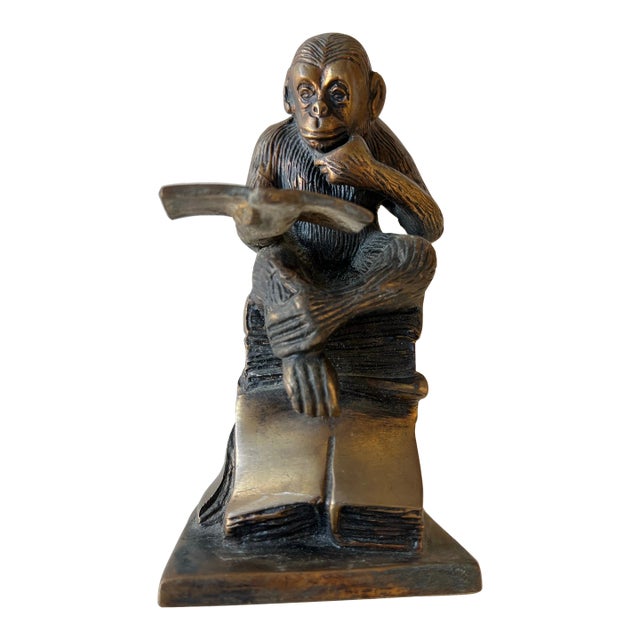 Vintage Brass Cast Chimpanzee Reading Book Bookend For Sale