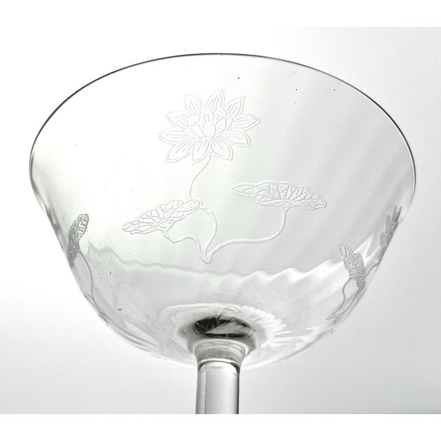 1910s 1910s Antique Fostoria “Lotus” 6 Etched Optic Coupe Champagne Glasses For Sale - Image 5 of 5