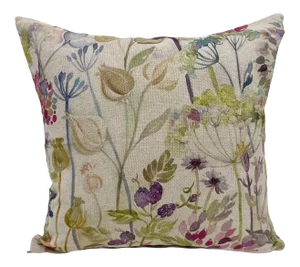 16" Square Pillow Decorated With a Queens Anne Lace & Poppy Pod Floral Pattern - Made in Uk.