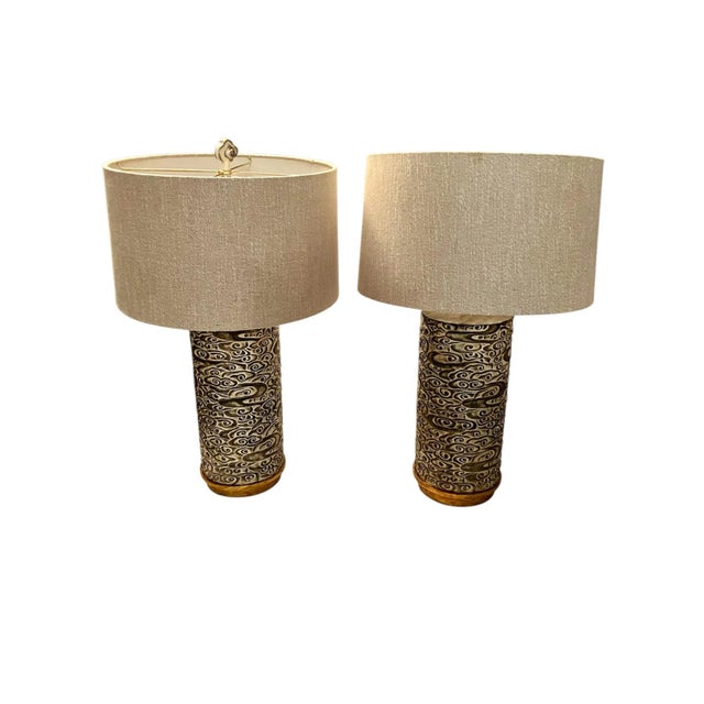 This modern pair of table lamps are solid and commanding with their 8” W 22” Tall sculptured Stone Body and Gold Painted...
