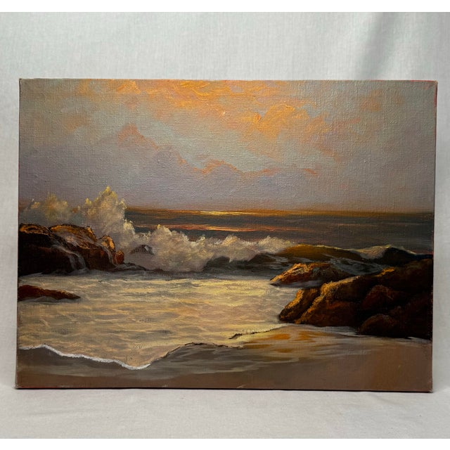 The original painting on canvas portrays a dynamic coastal seascape captured at the transitional hour of sunset. The...