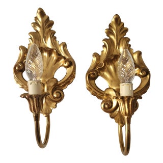 Neo-Classical Louis XV Rocaille Wall Lamps with Gilded Carved Wood Appliqués, Italy, 1940s, Set of 2 For Sale