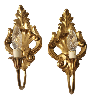 Neo-Classical Louis XV Rocaille Wall Lamps with Gilded Carved Wood Appliqués, Italy, 1940s, Set of 2
