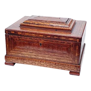 Antique Georgian Marquetry Box With Detailed Wood Inlay and Mirror