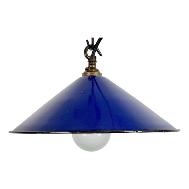Industrial Cobalt Blue Enamel Factory Pendant Lamp, 1950s For Sale