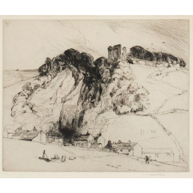 Drypoint landscape etching on paper of Penerils Castle, Derbyshire, England. The etching is loose and expressive, with the...
