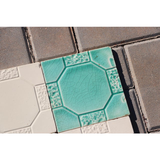 Ceramic Art Deco Set of Seven Large Portuguese Glazed Tiles Mint Green & White Geometric Design c.1910s For Sale - Image 7 of 13