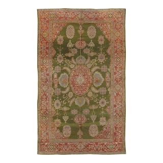 Antique Persian Sultanabad Carpet Green, Coral-Red, Light Blue, Gold and Ivory For Sale