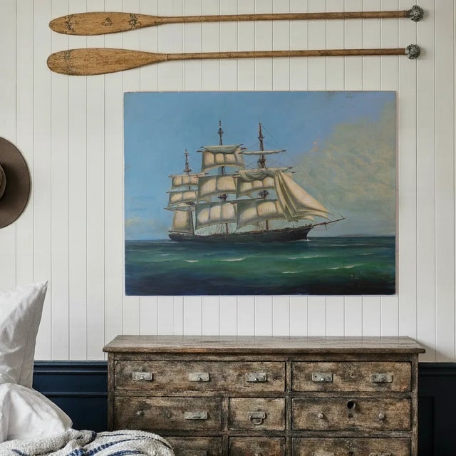 Rustic Vintage Nautical Ship Painting, 1978 — Oil on Masonite Board, 30x40 For Sale - Image 3 of 13