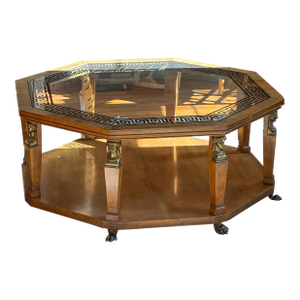 1970s Vintage Baker Furniture Octagonal Wooden Glass Top Coffee Table