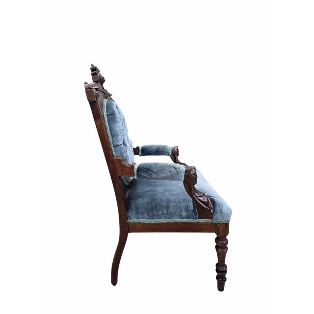 Antique Renaissance Revival John Jelliff Carved Ornate Armchairs Upholstered in Blue Velvet - Set of 2 Expertly crafted...