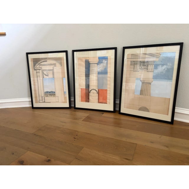 Blue 1970s Mid-Century Modern Set of Original Architectural Drawings Attributed Robert Nicolais 3 Framed For Sale - Image 8 of 11