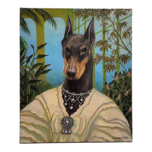 Whimsical Oil Painting Portrait Doberman Pinscher Dog - Signed