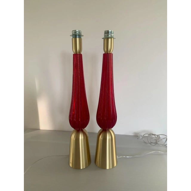 Lot of 2 Gold and Red Murano Glass Table Lamp With Shade For Sale - Image 13 of 13