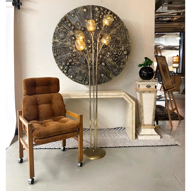 Brass 5-Head Gold Brass Mid-Century Modern Floor Lamp With Amber Glass Diffusers For Sale - Image 8 of 12