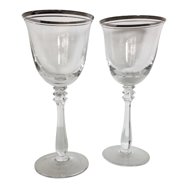 Vintage Double Line Platinum Rim Crystal Wine Glasses - a Pair For Sale