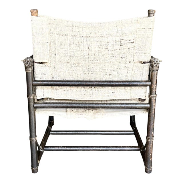 Mid 20th Century Attributed to Forbes for McGuire Vintage Campaign Safari Lounge Chairs in Woven Silk & Wood – Pair For Sale - Image 5 of 18