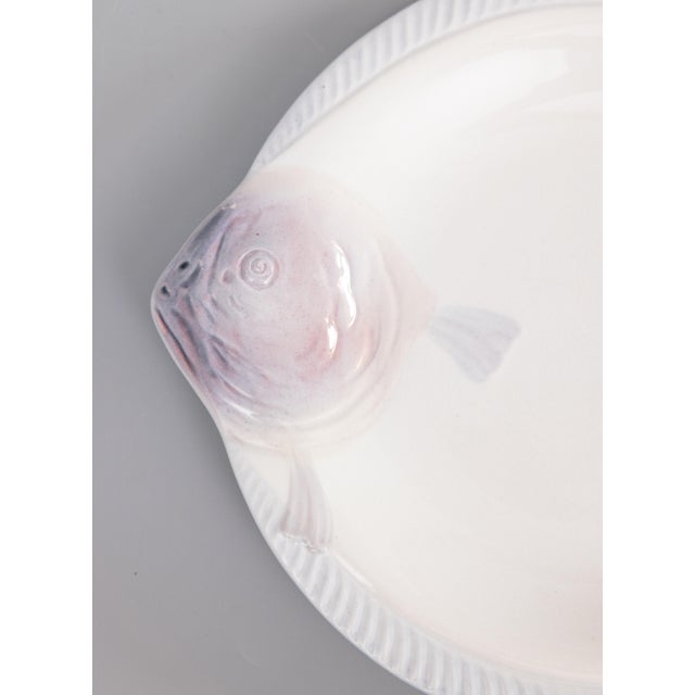 A stylish Art Deco French Longwy majolica fish plate, circa 1930. Maker's mark on reverse. It's a rare color, white with...