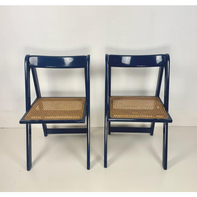Mid-Century Modern Mid-Century Modern Blue Wood and Wicker Folding Chairs from Bazzani, Italy, 1960s, Set of 2 For Sale - Image 3 of 11