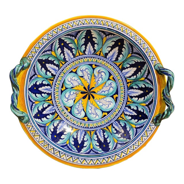 Vintage Deruta Pina Ceramica Geometrico Large Decorative Bowl With Handles For Sale