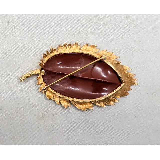 Metal Vintage C1966 Signed Napier Book Piece Goldtone Red Resin Leaf Brooch For Sale - Image 7 of 7