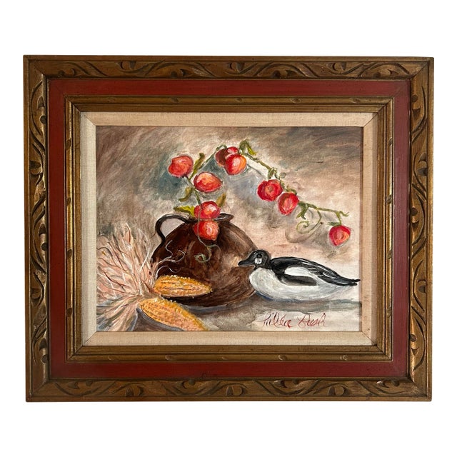 Vintage Still Life Oil Painting With Indian Corn Pitcher & Duck For Sale