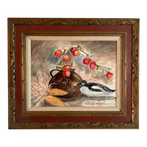 Vintage Still Life Oil Painting With Indian Corn Pitcher & Duck