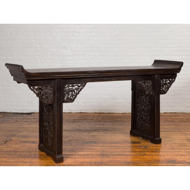 Antique Chinese Ming Style Altar Table with Carved Apron and Black Patina For Sale - Image 10 of 13
