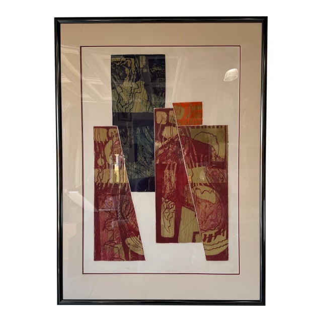 1970's Carol Dueno Mixed Media Modernist Abstract Painting, Framed For Sale