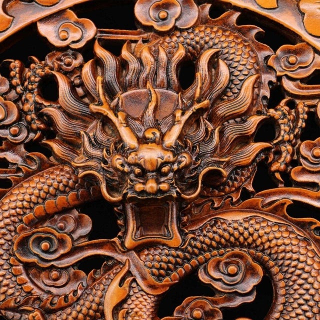 Mid 20th Century Vintage Chinese Boxwood Dragon Screen | Hand-Carved Table Screen With Gemstone Inlay For Sale - Image 5 of 9