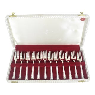 Vintage English Silver Plated Pastry Cake Dessert Forks in Original Case- 12 Pieces For Sale