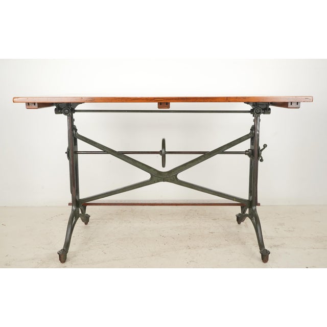 Traditional Mid 20th Century Reproduction Solid Wood Cast Iron Drafting Table For Sale - Image 3 of 10