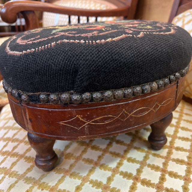 French Needlepoint 19th Century Footstool Rare Phoenix Bird Motif For Sale - Image 6 of 9